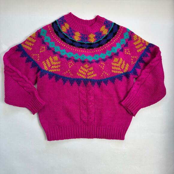 Vintage Fuchsia Chunky Fair Isle Nordic Sweater Hand Knit M Ivy 80s 90s Cozy - Picture 1 of 7